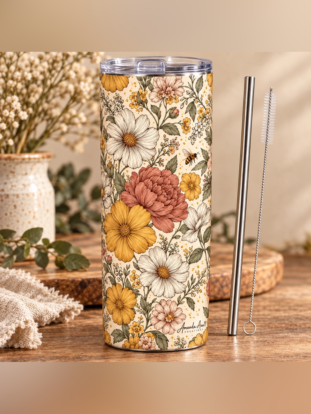 Vintage Floral Bee 20 oz Skinny Tumbler